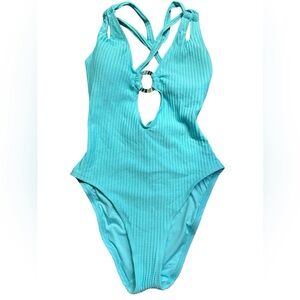 BECCA Womens Turquoise Cut Out Textured one piece Swimsuit Size Medium NWT